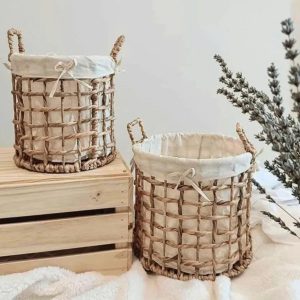 checkered basket of water hyacinth
